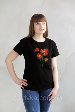 Чорна жіноча футболка Casual з вишитим принтом Квіти