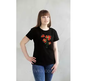 Чорна жіноча футболка Casual з вишитим принтом Квіти